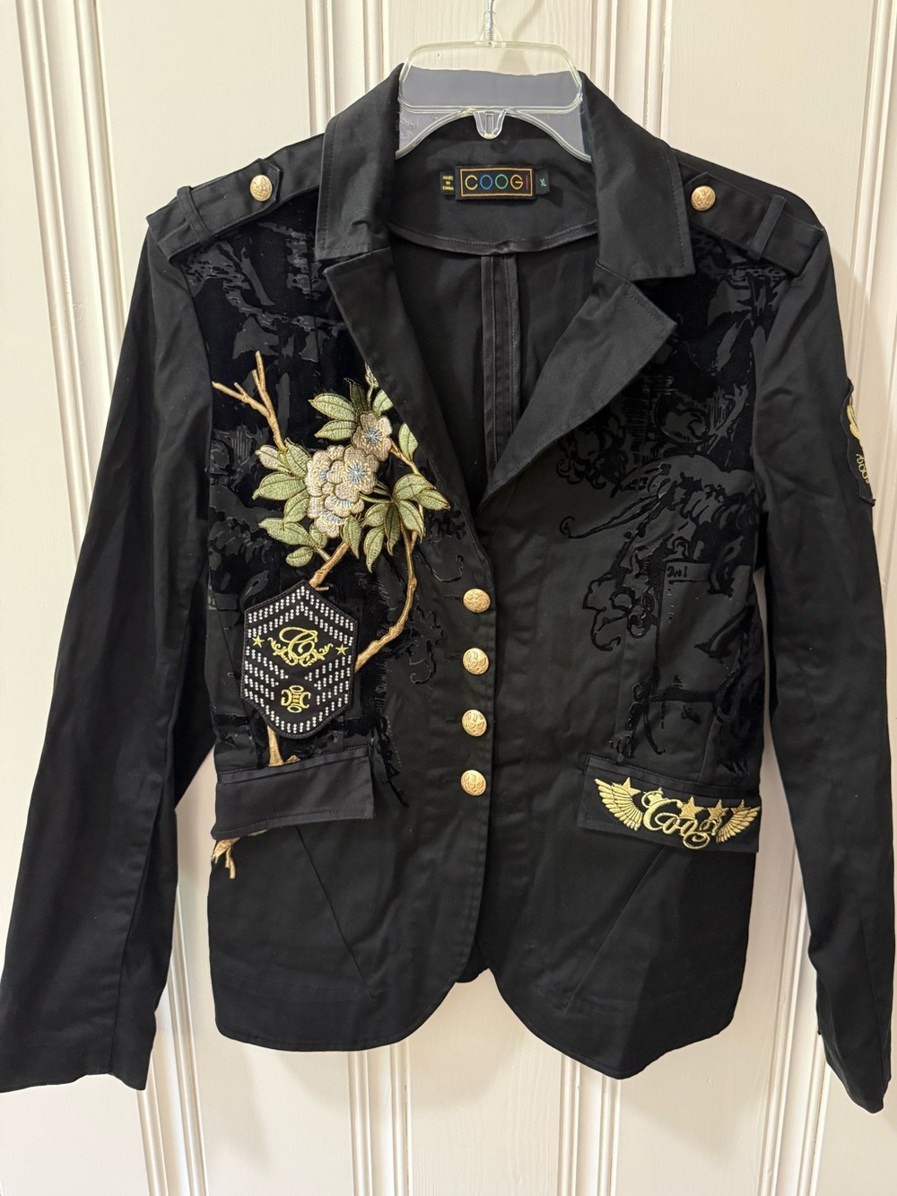 COOGI Black Embroidered Military-Style Blazer Gold Accents jacket women’s M?